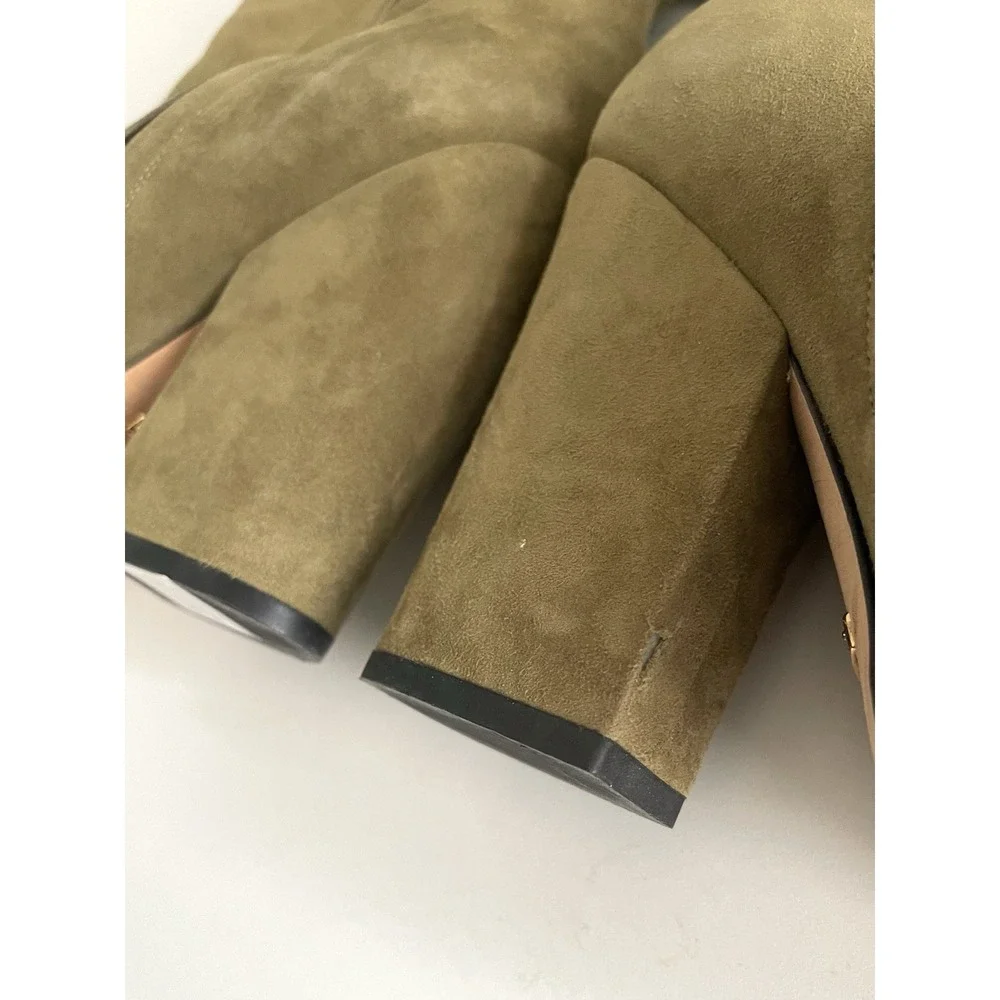 Gucci Kesha Suede Olive Green Ankle Boots Gold Buckle Block Heel Sz 38.5